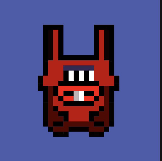 A pixel art image of a red demon or devil character with a wide toothy grin on a blue background.