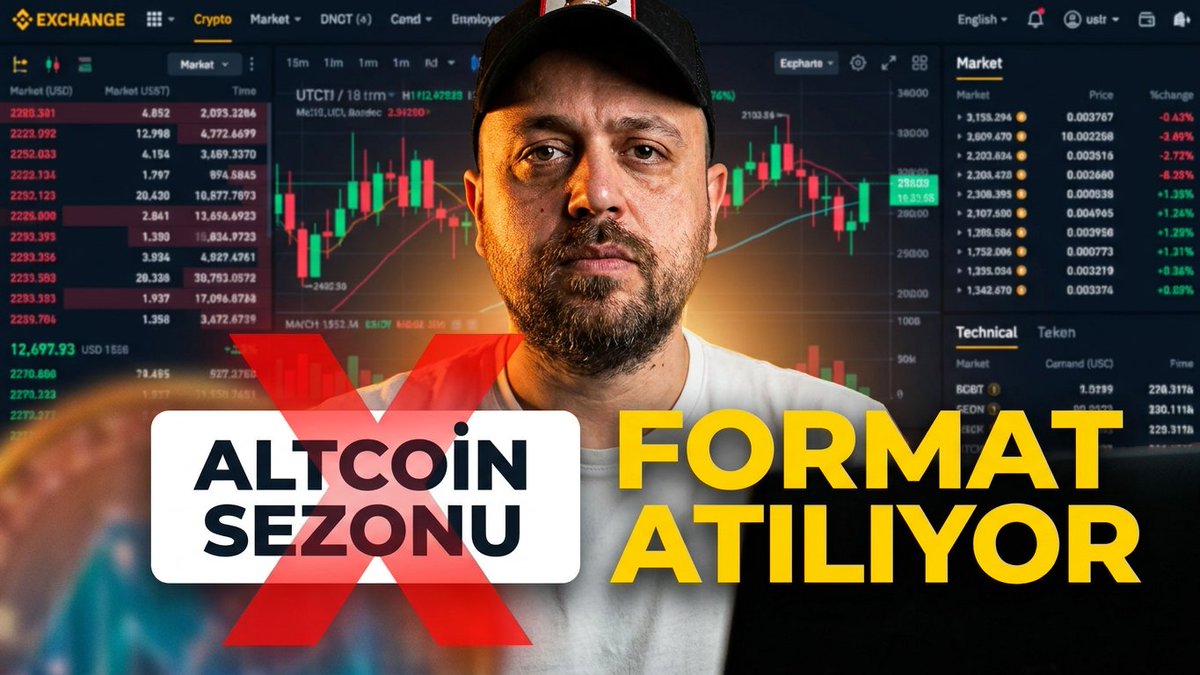 The image shows a man wearing a baseball cap, standing against a background with a computer screen displaying various stock market data. The text "Altcoin Sezonu" is written above him, and there are two red exclamation marks on his face. The caption below the image reads "Focus on what is in the image and how it relates to the post".