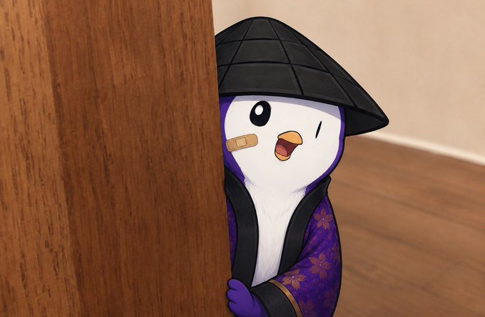 An illustration of a cute purple and white bird character wearing a black conical hat and a purple floral robe, peeking from behind a wooden pillar.
