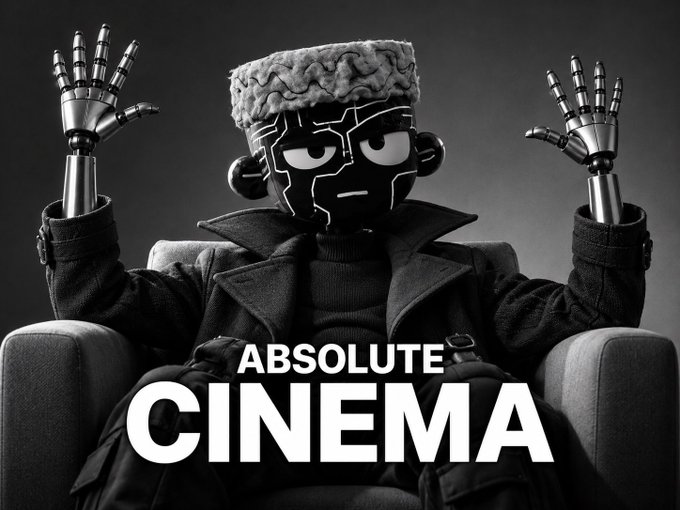 A black and white image of a robotic figure with a brain-like head wearing a hat and trench coat, sitting in a chair with raised mechanical hands, captioned 'ABSOLUTE CINEMA'.