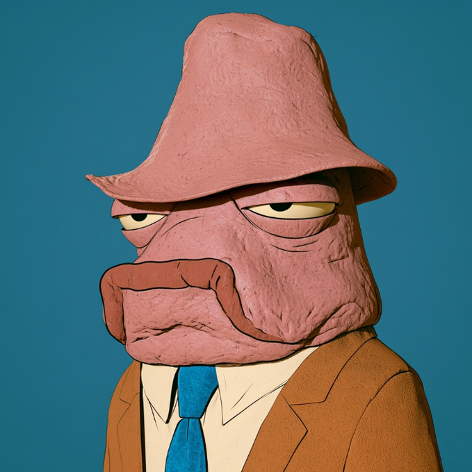 A 3D-rendered cartoon character with pink skin, a brown mustache, a hat, and a blue tie against a teal background.