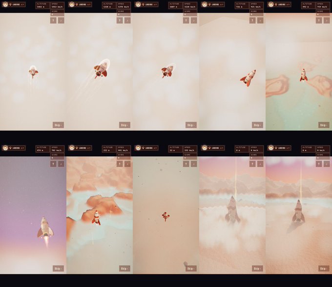 A collage of mobile game screenshots showing a rocket launching and flying through different environments.