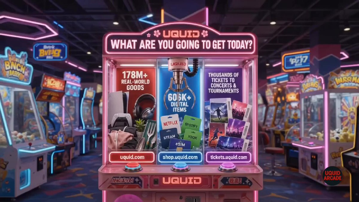 The image shows a brightly lit arcade game room filled with various arcade games. The main focus of the scene is an advertisement for UQUID, which is promoting its services related to gaming and digital assets. The advertisement features a large pink machine that displays the text "What Are You Going To Get Today?". This machine serves as a visual representation of the content in the image, showcasing how UQUID can help gamers with their gaming needs.