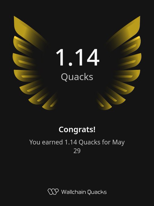 The image features a poster with an illustration of a bird's wing design, along with numbers 1.14 Quacks and text congratulating the user for their achievement. The poster also includes a link to a social media account named @wallchainQuacks.