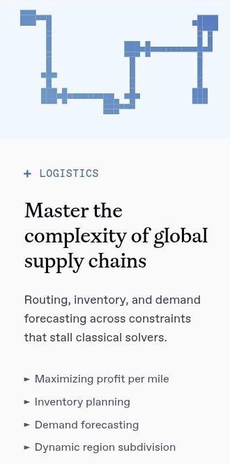 The image shows a website that provides information about logistics operations, including details about global supply chains and how they can be managed efficiently using advanced technology like quantum processors. The website also offers various services such as fleet routing, inventory planning, demand forecasting, and dynamic region subtraction for businesses to optimize their logistics operations.