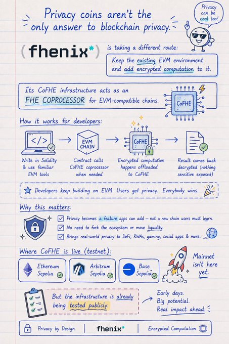 An infographic titled 'Privacy coins aren't the only answer to blockchain privacy' promoting 'fhenix,' which describes CoFHE infrastructure as an FHE coprocessor for EVM-compatible chains, showing it live on testnets including Ethereum Sepolia, Arbitrum Sepolia, and Base Sepolia.