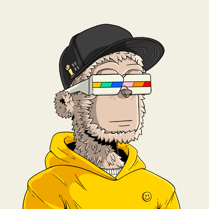An illustrated NFT-style character of a furry figure wearing a black cap with a pin, colorful rectangular sunglasses, and a yellow hoodie with a smiley face pin.