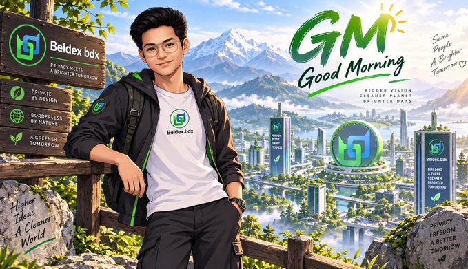 A young man wearing a 'Beldex bdx' t-shirt stands against a scenic mountain backdrop, surrounded by promotional text including 'GM Good Morning', 'Higher Ideas A Cleaner World', and 'Some People A Brighter Tomorrow'.