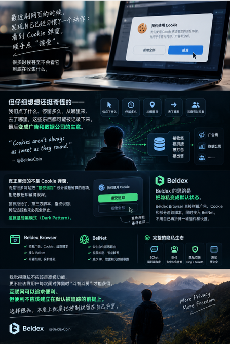 An infographic from Beldex (@BeldexCoin) about browser cookies and privacy, illustrating how accepting cookies benefits advertisers and data companies rather than users, promoting the Beldex Browser and BelNet as privacy alternatives.