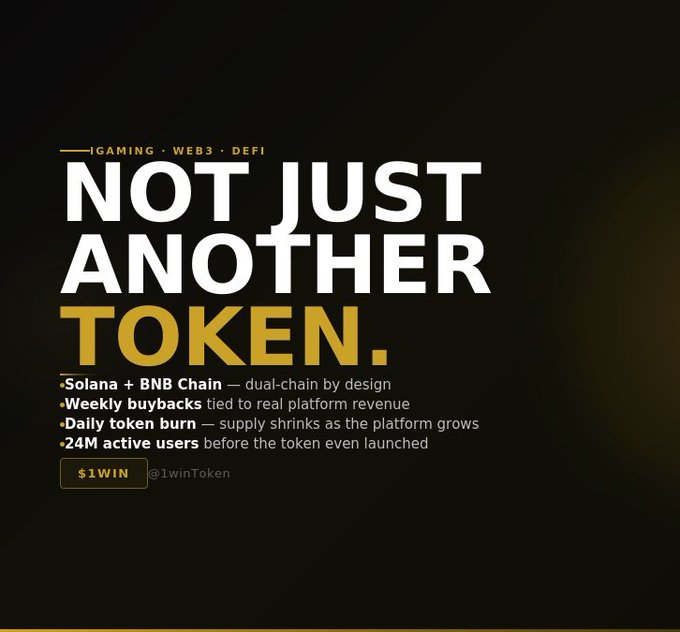 The image shows a black background with white text that reads "Not Just Another Token" followed by a list of bullet points explaining how the token works. The main focus of the image is the text "How 1WIN token actually works Most gaming tokens are an afterthought a loyalty point dressed up in blockchain clothes".