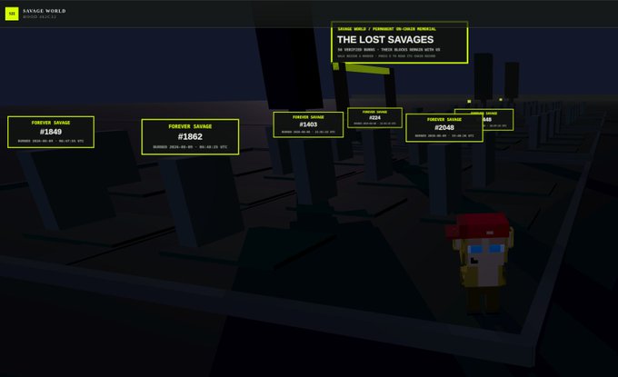 A screenshot from a voxel-style video game showing a marketplace titled 'SAVAGE WORLD' with various items for sale including 'THE LOST SAVAGES' priced at $979 and other 'FOREVER SAVAGE' items.