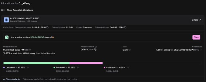A screenshot of a token allocation dashboard showing 'A-JQ835YWS-33,000 BLEND' with 5,504.4 BLEND tokens claimable, showing an unlock schedule with unlocked, received, and claimable portions.