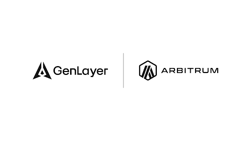 A white logo screen displays the names “GenLayer” and “ARBITRUM,” separated by a thin vertical line.