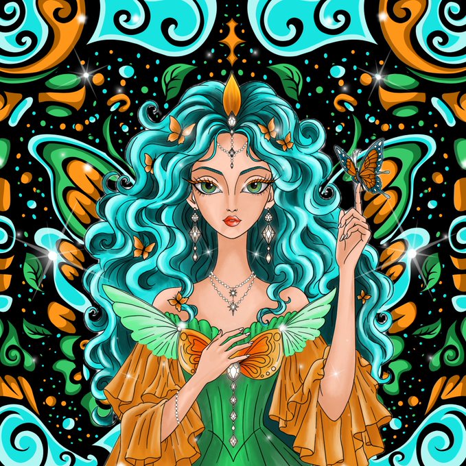 A vibrant, symmetrical digital illustration portrays a green-eyed fairy with teal hair, wearing a green and orange gown and ornate jewelry, holding a small butterfly, set against a swirling orange, teal, and black background.