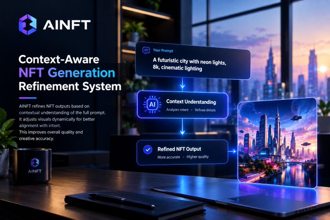 A promotional graphic for AINFT's "Context-Aware NFT Generation Refinement System" displays a three-step workflow on a laptop screen, showing a user prompt ("A futuristic city with neon lights, 8k, cinematic lighting") flowing through "Context Understanding" to produce a "Refined NFT Output" — an AI-generated image of a neon-lit futuristic cityscape, illustrating how the system refines NFT visuals based on full prompt context.