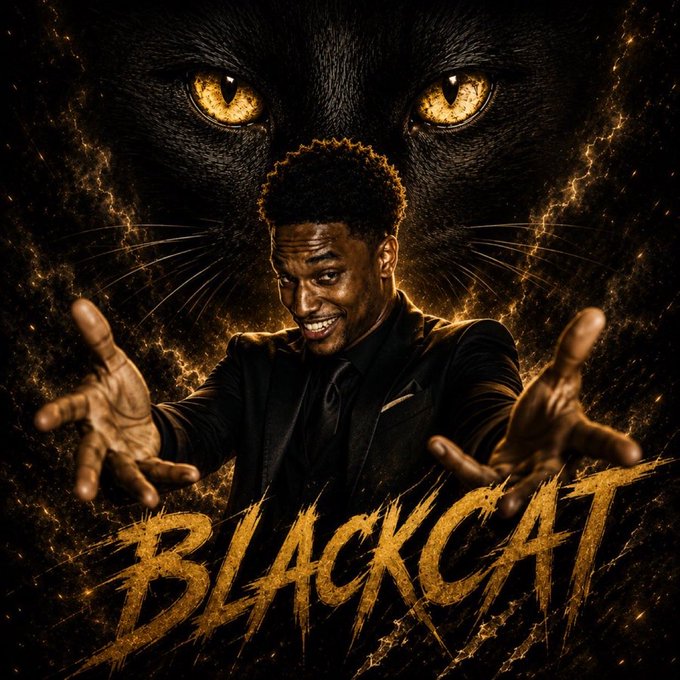 Promotional poster for 'BLACK CAT' featuring a man in a black suit with outstretched hands, set against a large black panther with glowing golden eyes.
