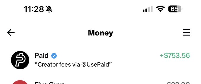 The image shows a mobile phone screenshot of a "Money" transactions page displaying a payment entry from "Paid" (with a verified blue checkmark) noting "Creator fees via @UsePaid" for the amount of "+$753.56" in green text, with a partial entry below for "Five Guys" showing $23.99. The post from a content creator confirms they initially doubted the legitimacy of this creator fee payout from the @UsePaid platform but ultimately received the $753.56 in actual funds, sharing the screenshot as proof to answer others' questions about whether the earnings were real.