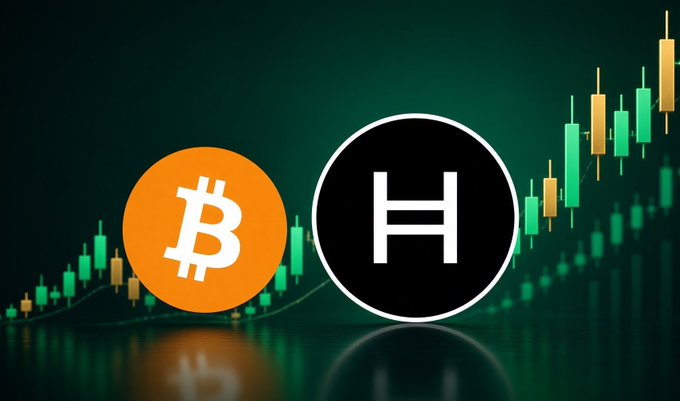 A graphic featuring Bitcoin (orange circle with 'B' logo) and Hedera (black circle with 'H' logo) symbols set against a background of green and orange cryptocurrency price candlestick charts.