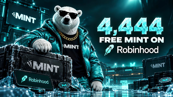 Promotional graphic featuring a polar bear wearing sunglasses and a teal jacket surrounded by MINT branded crates, advertising '4,444 FREE MINT ON Robinhood'.