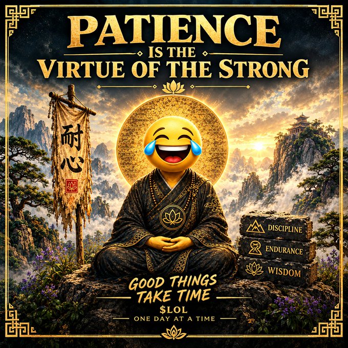 A motivational poster features a laughing emoji-headed monk meditating in mountains with text reading "PATIENCE IS THE VIRTUE OF THE STRONG," "Good things take time," "$LOL," and "One day at a time," along with stones labeled "Discipline, Endurance, Wisdom."