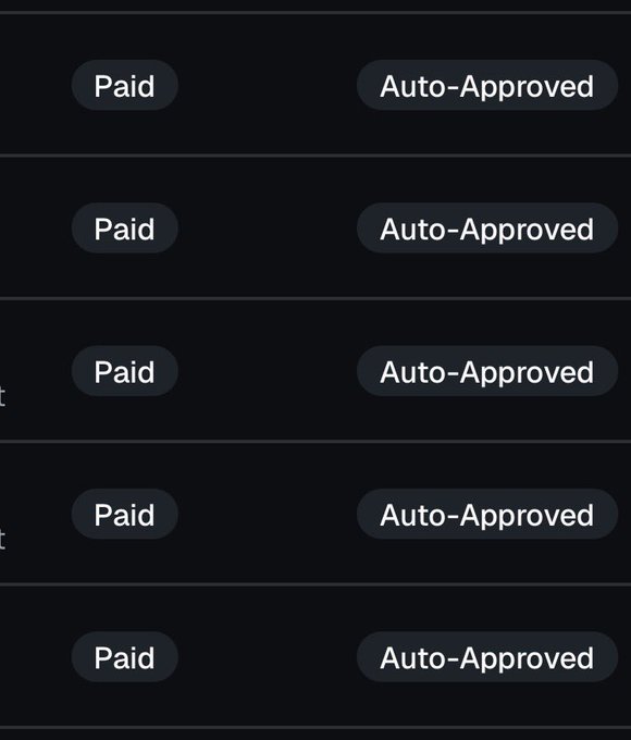 A dark-themed interface showing five rows, each containing a "Paid" status badge on the left and an "Auto-Approved" status badge on the right.