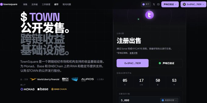 The TownSquare website in Chinese promoting the $TOWN public sale, a cross-chain yield infrastructure powered by Monad, Base, and BNB Chain, with a countdown timer.