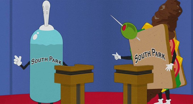 A South Park cartoon scene showing a hand sanitizer bottle and a taco character, both labeled 'SOUTH PARK', standing behind wooden podiums in a debate-style setup.