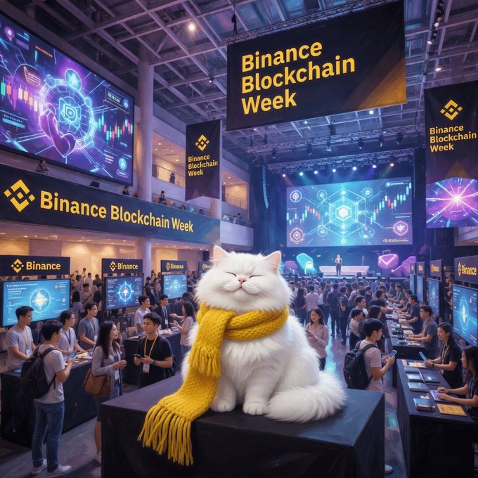 Stylized image of a white cat wearing a yellow scarf sitting on a counter at a 'Binance Blockchain Week' conference with crowds and screens in the background.