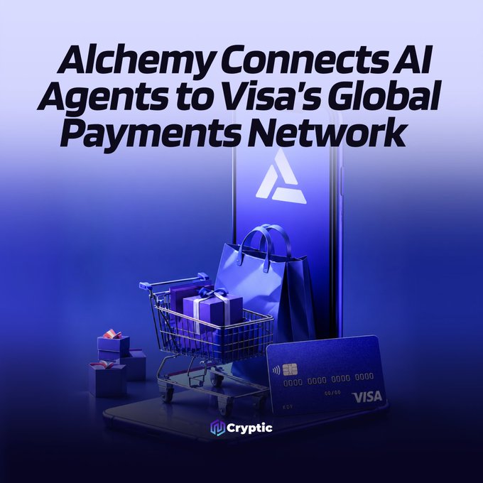 The image features a blue shopping cart filled with various items such as gift bags and a wallet, along with a credit card. The text in the image reads "Alchemy Connects Agents Al to Visa's Global payments Network". This suggests that the image is related to a new payment system or service developed by Alchemy, which allows users to make purchases without having to physically hand over cash or use a credit card. The system uses virtual identity cards designed for AI agents and enables seamless transactions through the integration of Visa Intelligent Commerce technology.