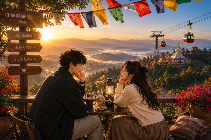 The image depicts an outdoor cafe area where two people are sitting across from each other at a dining table with flower pots nearby. The couple appears to be enjoying their time together, likely engaged in conversation or simply relaxing. In the background, there is a large building and a ski lift, creating an interesting ambiance for the scene. Additionally, there are flags hanging above the table, adding a festive touch to the outdoor cafe area.