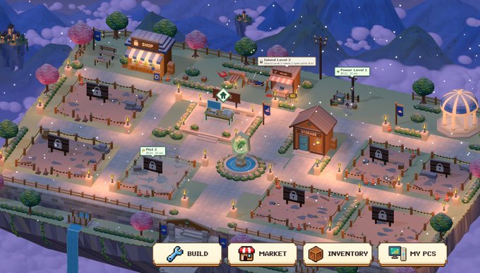 An isometric view of a virtual farming/game village with buildings, plots, and a menu bar showing 'BUILD,' 'MARKET,' 'INVENTORY,' and 'MY PCS' options.