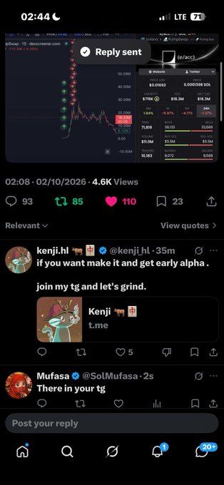 A screenshot of an X (Twitter) post by @kenji.hl showing a trading chart of GIGA/USDT (evidenced by the "gigachad" ticker and bullish chart pattern) gaining 3.84% to $0.01682, with a reply confirmation banner displaying "Reply sent" and the text "BakyXRTtW2cdivHrqoENQhSfaMjGLRgDudV8QSBGcKNf Thank you" reflecting the user's gratitude after sending their reply.