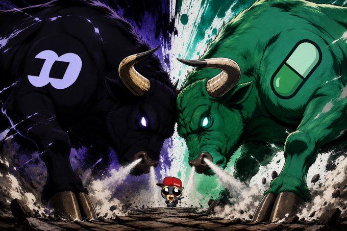 A dramatic illustration features two massive, glowing-eyed bulls—one purple with a Phantom logo and one green with a Solana logo—charging at each other, with a small character standing between them.