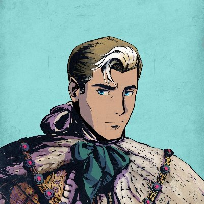 A comic book illustration depicts a handsome man with a distinctive white streak in his dark hair, wearing an ornate purple and gold royal outfit with a green bow.