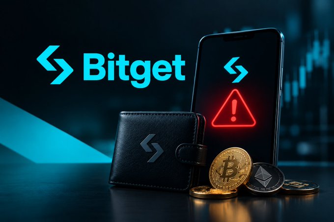 A promotional image for 'Bitget' features the brand's logo, a smartphone displaying a warning icon, a black leather wallet, and several physical cryptocurrency coins including Bitcoin and Ethereum.