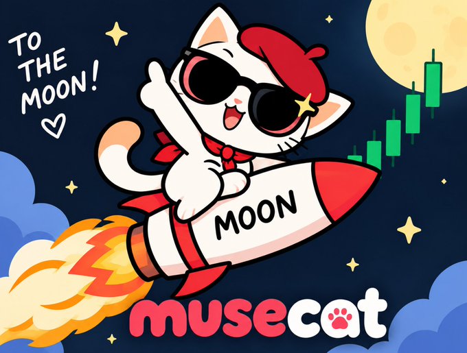 A cartoon cat wearing sunglasses and a red beret rides a rocket labeled 'MOON' toward the moon, with 'TO THE MOON!' text, 'MUSECAT' branding, and an ascending green candlestick chart in the background.