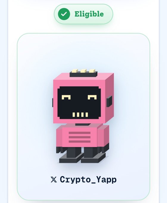A digital card displaying a 3D pink pixel-art robot character with the text 'Eligible' at the top and the handle 'Crypto_Yapp' with an 'X' logo at the bottom.