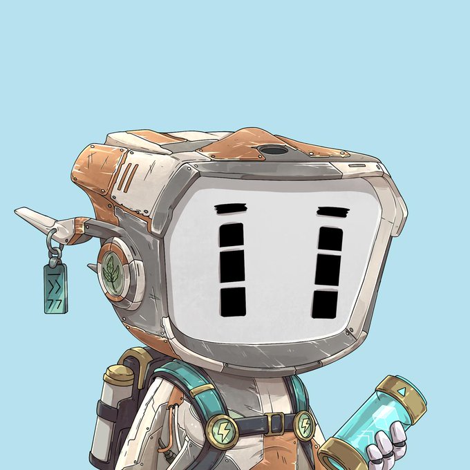 A digital illustration of a cute robot character with a square monitor-like head showing simple pixelated eyes, wearing an astronaut-style outfit and holding a glowing blue cylindrical container.