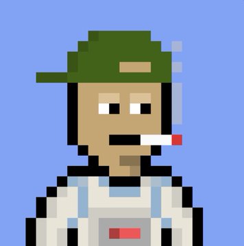 A pixel art illustration of a man wearing a green backward cap, a cigarette in his mouth, and a white shirt with a red logo.