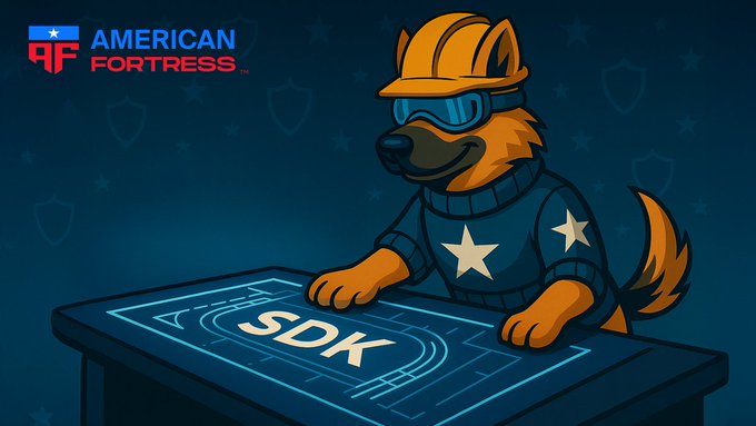 Illustrated cartoon of an anthropomorphic dog wearing a hard hat, safety vest and goggles working at a glowing blue console labeled 'SDK', with the American Fortress logo in the top left corner.