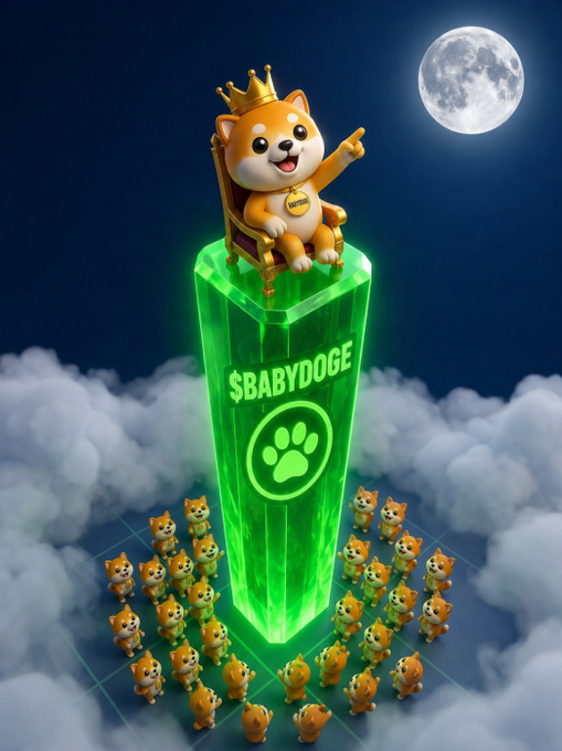 A cartoon Shiba Inu dog wearing a crown sits on a throne atop a glowing green pillar labeled '$BABYDOGE', surrounded by clouds and a full moon, with smaller dogs gathered below.