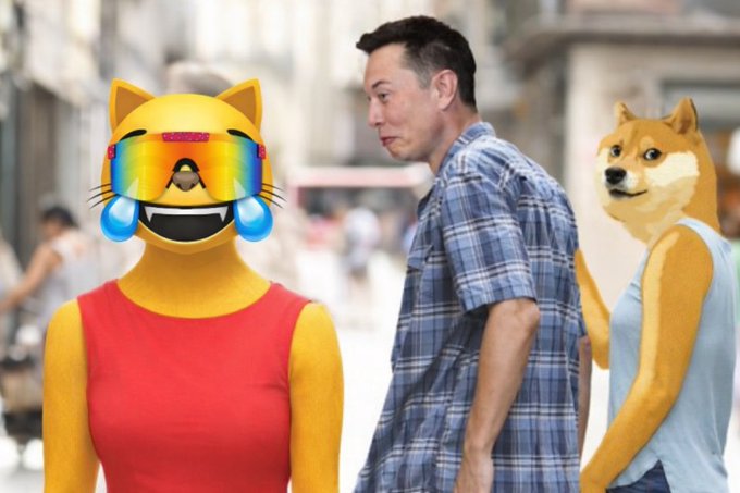 An edited image shows Elon Musk in a plaid shirt looking sideways at two figures with meme-style dog faces (one with a crying rainbow face, the other a Shiba Inu 'doge' face).