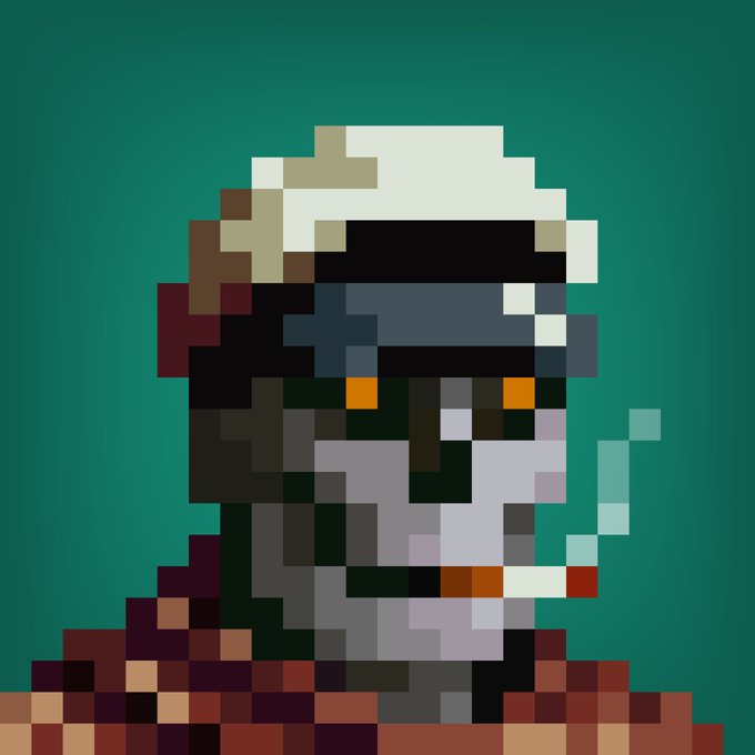 A pixel art portrait of a rugged character with a beard, smoking a cigarette, wearing a white cap, set against a dark green background.