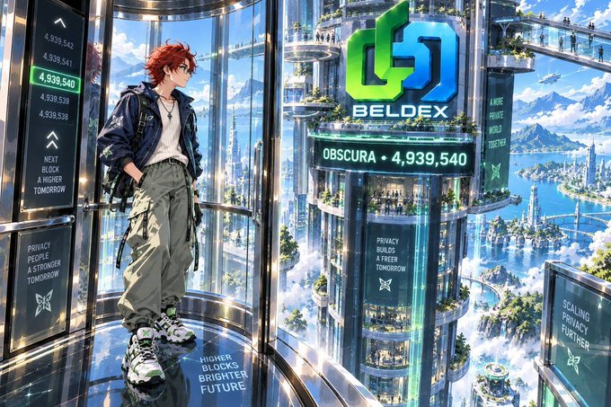 An anime-style illustration shows a red-haired character in a futuristic glass elevator overlooking a massive vertical sci-fi cityscape, with 'BELDEX' logo and 'OBSCURA ▲ 4,939,540' text displayed prominently.