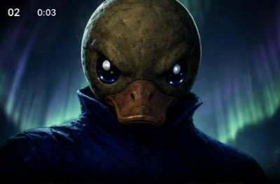 Close-up of a character with glowing white eyes and a duck-like bill mask against an aurora-lit background, with timer '02' and '0:03' visible.