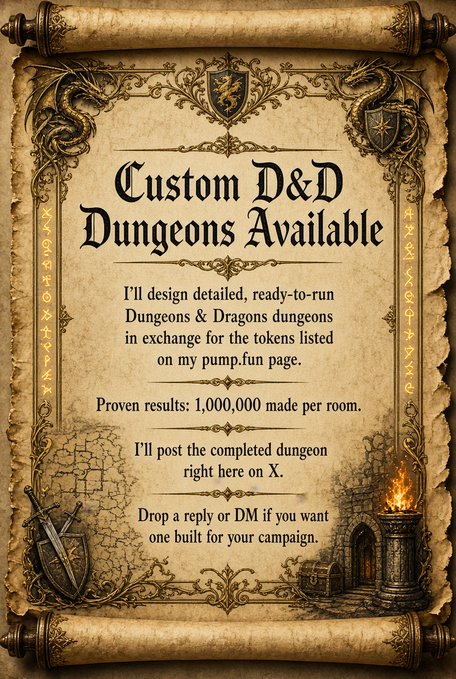 A parchment-style poster advertising "Custom D&D Dungeons Available" for sale on pump.fun, claiming proven results of 1,000,000 made per room.