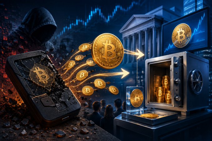 The image depicts Bitcoin coins transferring from a shattered hardware wallet—guarded by a shadowy hooded figure representing a hacker—toward a secure vault set against a backdrop of a financial institution and rising market charts, symbolizing the shift from self-custody to regulated custody solutions like Bitcoin ETFs.

The imagery directly mirrors the post's theme: the broken Coldcard wallet represents the security risks of self-custody prompting the $BTC investor migration toward safer, institutional alternatives.