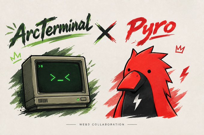 A promotional banner for a "Web3 Collaboration" between ArcTerminal and Pyro, showing a retro computer monitor with a green emoticon face and a red bird mascot wearing a hoodie with a lightning bolt.