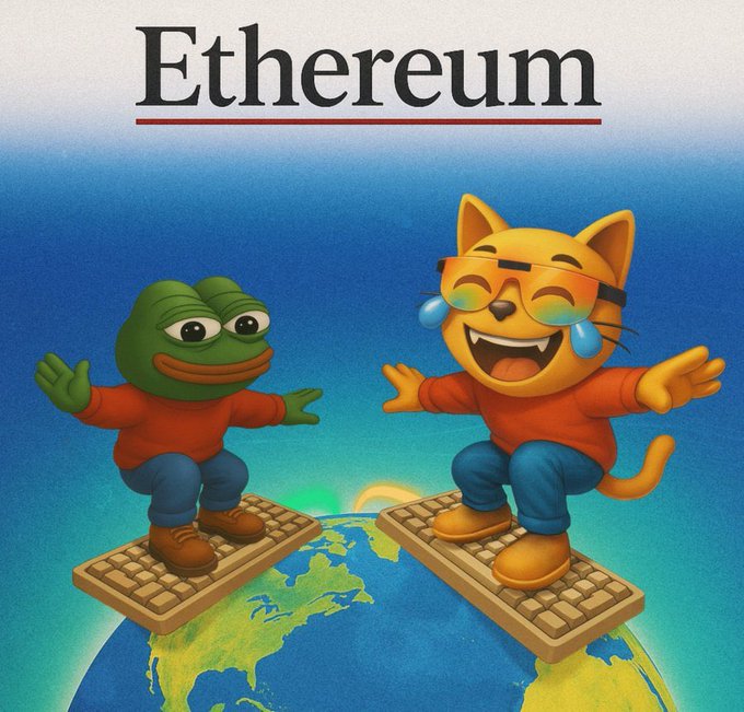 A humorous illustration titled 'Ethereum' showing cartoon Pepe and a crying cat wearing glasses standing on keyboards atop a globe of Earth.