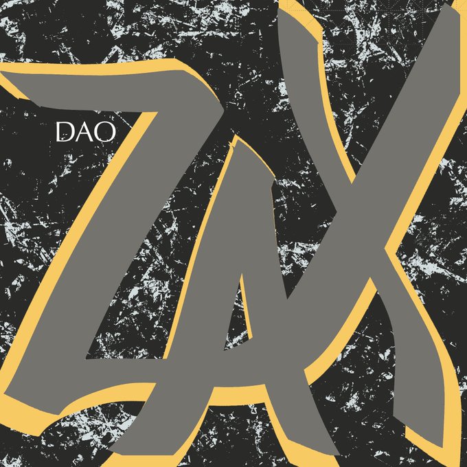 Graffiti-style artwork featuring large gray letters outlined in yellow against a black and white textured background, with the word "DAO" written in white in the upper left.